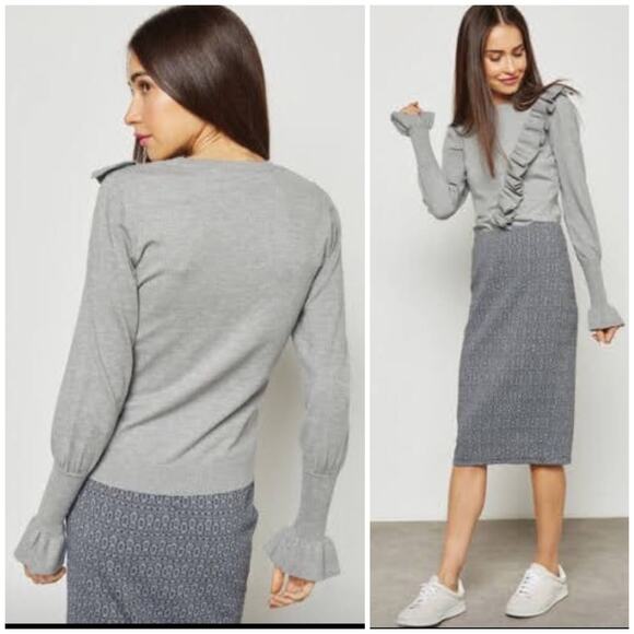 Miss Selfridge Asymmetric Ruffle Crewneck Pullover Sweater Gray Size 2 - Picture 1 of 9
